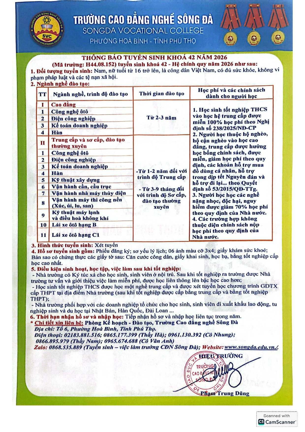 Trường Cao đẳng nghề Sông Đà thông báo tuyển sinh khoá 42 năm 2026